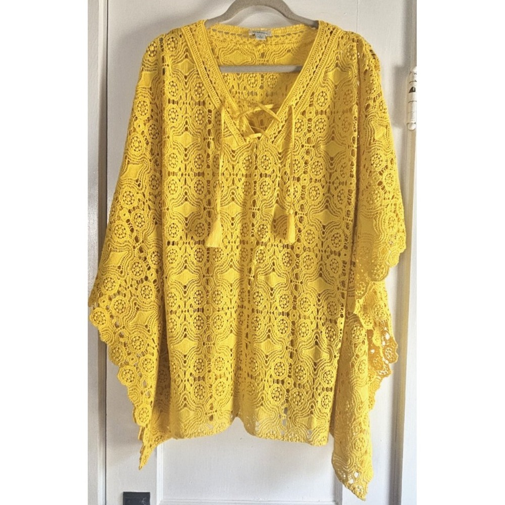 SUNDANCE Catalog Graycelyn yellow cotton crochet poncho style coverup Small